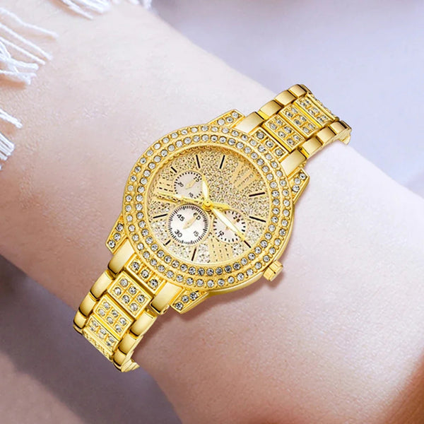 Women's Quartz Watch Gold Luxury Women Ring Necklace Earring Rhinestone Fashion Wristwatch Casual Ladies Watches Jewelry Set ﻿ Buyfinity