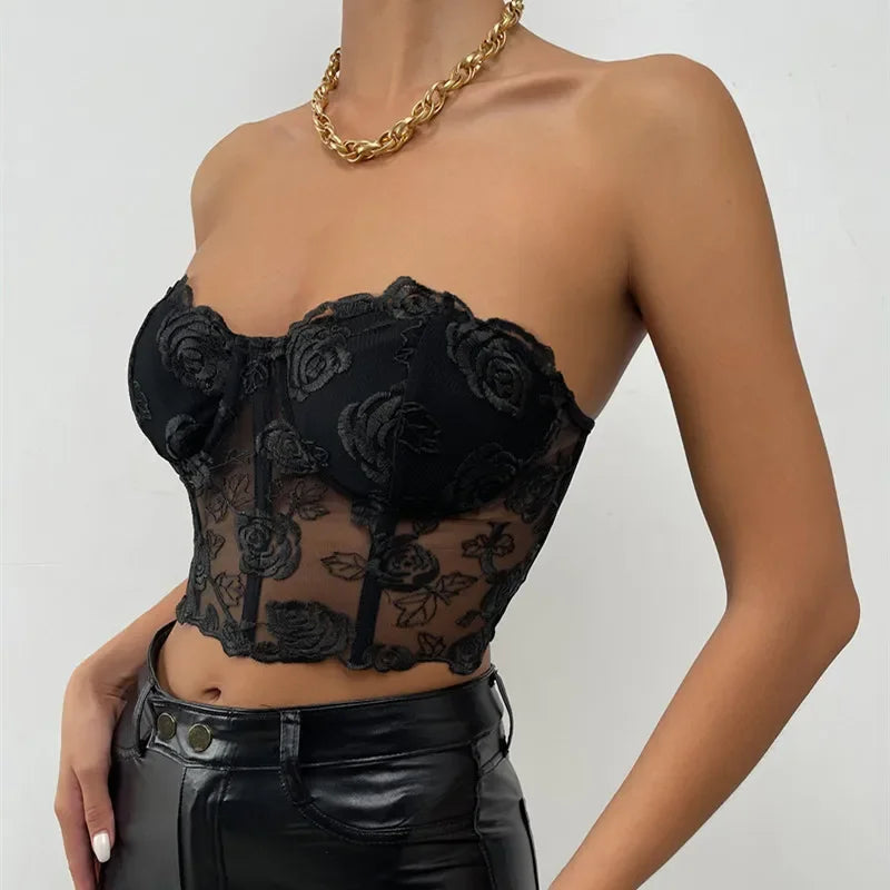Xingqing Lace Corset Tops Sexy Clothes See Through Flower Strapless Transparent Tank Cropped Tee Party Wear Womens Clothing Buyfinity