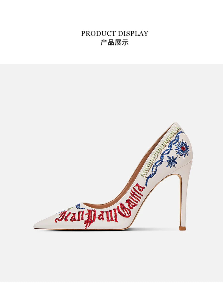 Embroidered high heels, women's new slim heel, niche design, mandarin duck shoes, rhinestone pointed dress, banquet single shoes Buyfinity