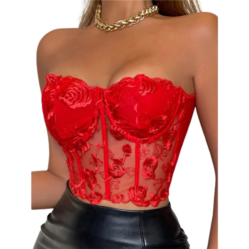 Xingqing Lace Corset Tops Sexy Clothes See Through Flower Strapless Transparent Tank Cropped Tee Party Wear Womens Clothing Buyfinity