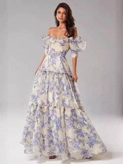 Elegant Floral Print Evening Party Dresses Women Charming A-line Off Shoulder Boat Neck Loose Short Sleeve Prom Gowns Robe Dress Buyfinity