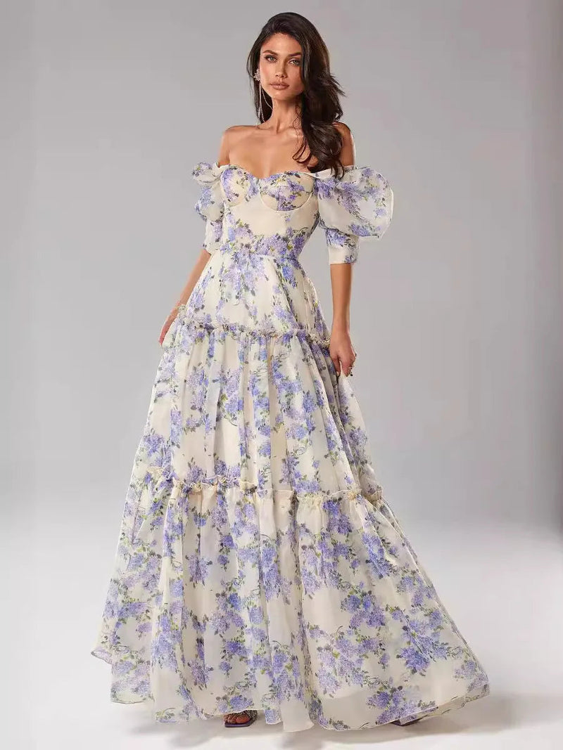 Elegant Floral Print Evening Party Dresses Women Charming A-line Off Shoulder Boat Neck Loose Short Sleeve Prom Gowns Robe Dress Buyfinity