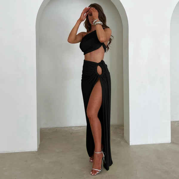 Women Summer 2 Pieces Outfits Solid Color Oblique Shoulder Sleeveless Sexy Tops Wrapped Hip High Waist Slit Long Skirts Sets Buyfinity