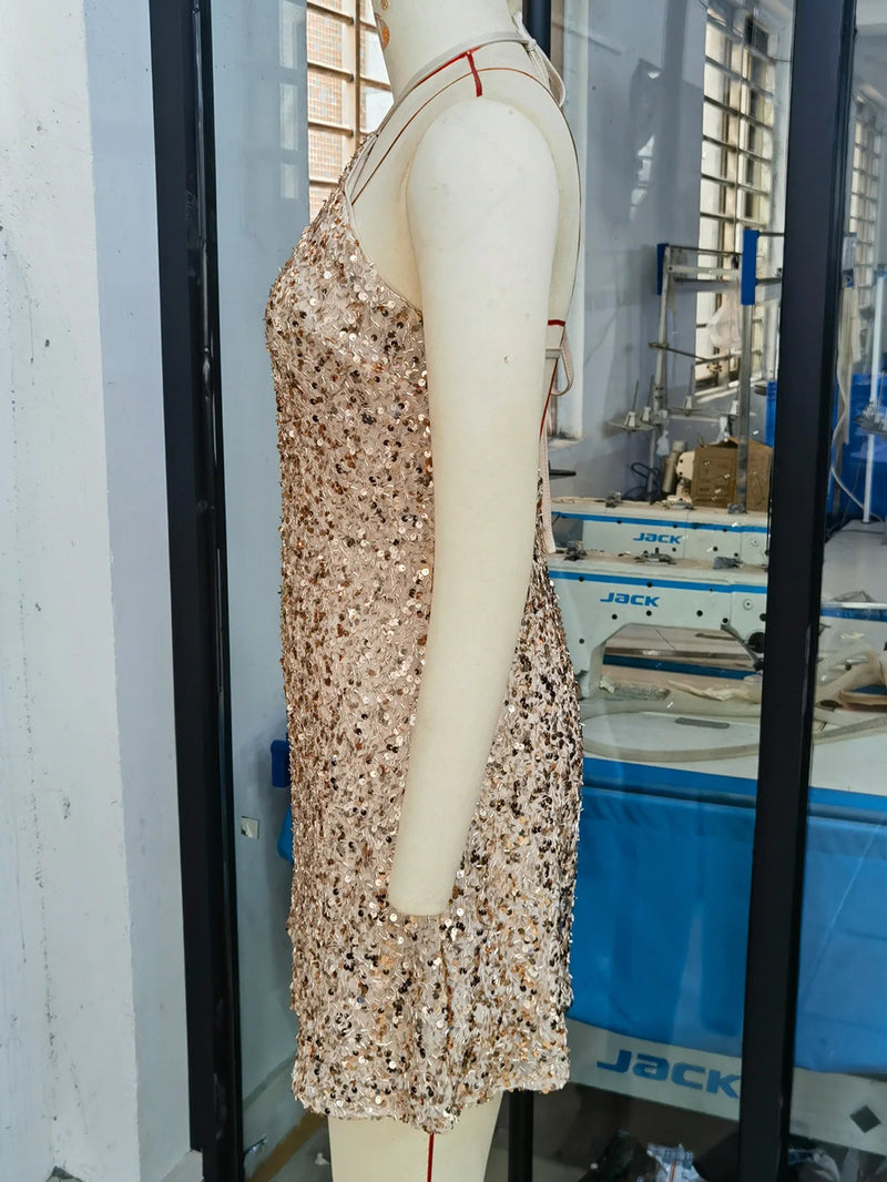Women Short Dresses Sexy Backless Bodycon Evening dresses Sequin Halter Nightclub Cocktail Birthday Party Welcome Prom Dress XY5 Buyfinity