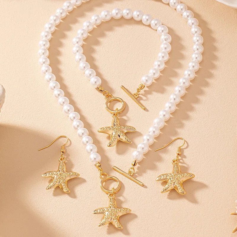 Pearl starfish pendant necklace bracelet earrings elegant and fashionable daily banquet jewelry gift set 2024 Buyfinity