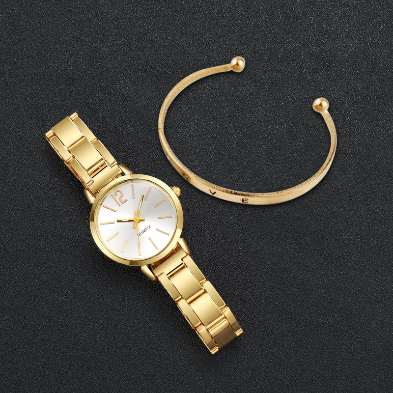 Fashion Women Elagant Watch Casual Simple Steel Strap Quartz Watch Love Bracelet 2PCs Set Temperament Wearing Style Buyfinity