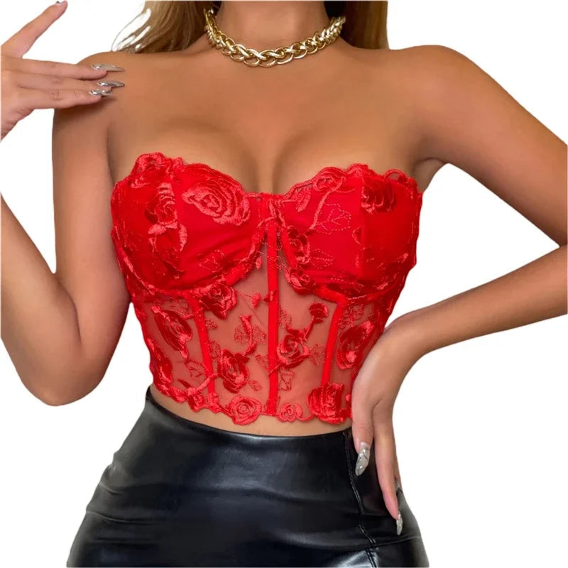 Xingqing Lace Corset Tops Sexy Clothes See Through Flower Strapless Transparent Tank Cropped Tee Party Wear Womens Clothing Buyfinity