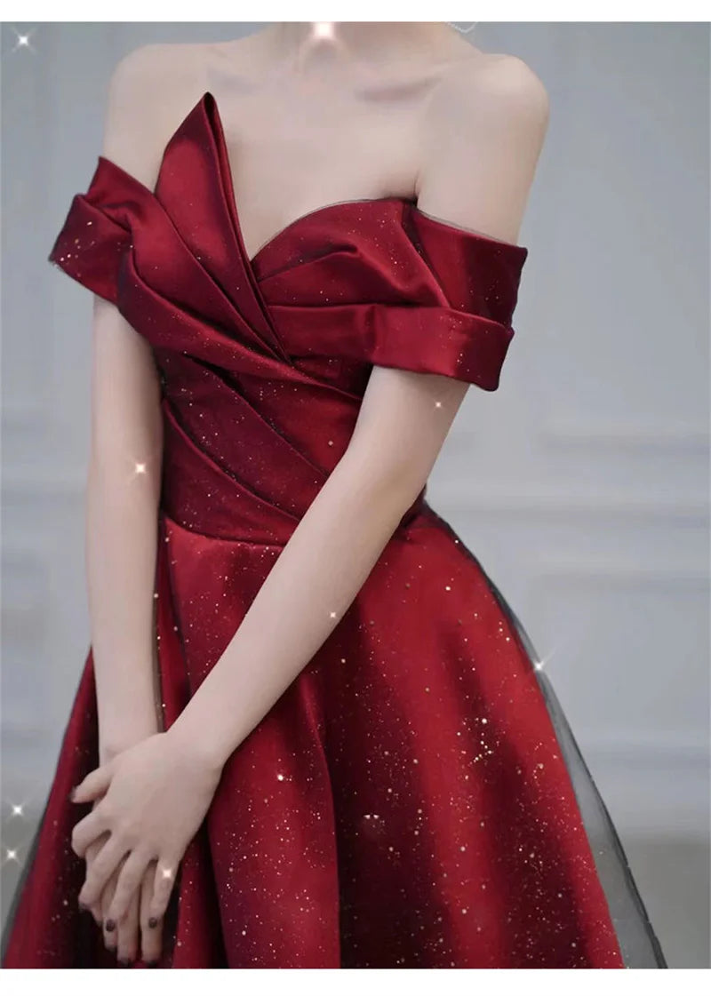 Women Summer Satin Toasting Gown Bride's High-end Feeling, Light Wedding Dress, Red One Shoulder Engagement, Thank-you Banquet Buyfinity