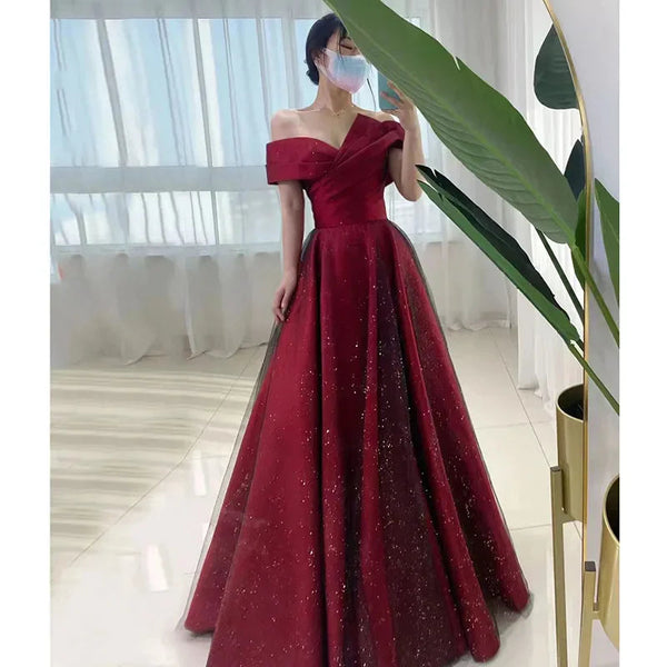 Women Summer Satin Toasting Gown Bride's High-end Feeling, Light Wedding Dress, Red One Shoulder Engagement, Thank-you Banquet Buyfinity