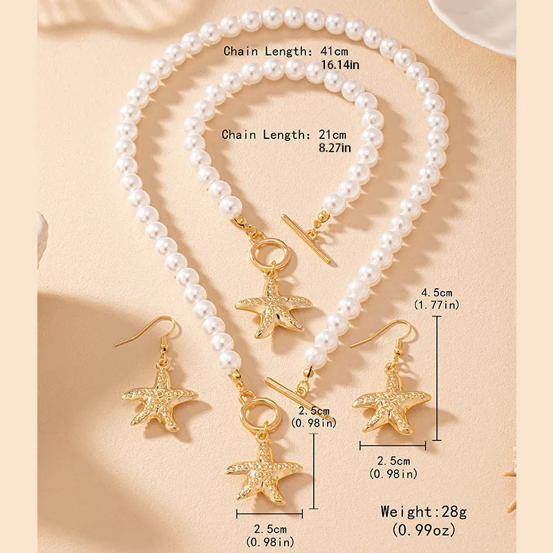 Pearl starfish pendant necklace bracelet earrings elegant and fashionable daily banquet jewelry gift set 2024 Buyfinity