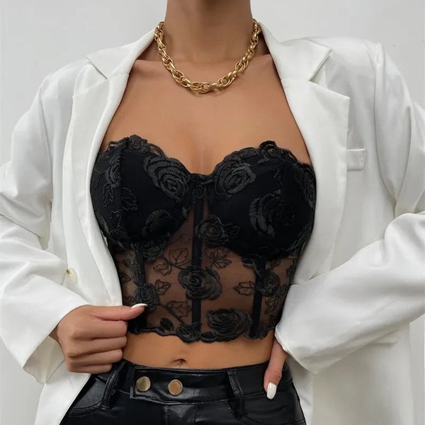 Xingqing Lace Corset Tops Sexy Clothes See Through Flower Strapless Transparent Tank Cropped Tee Party Wear Womens Clothing Buyfinity