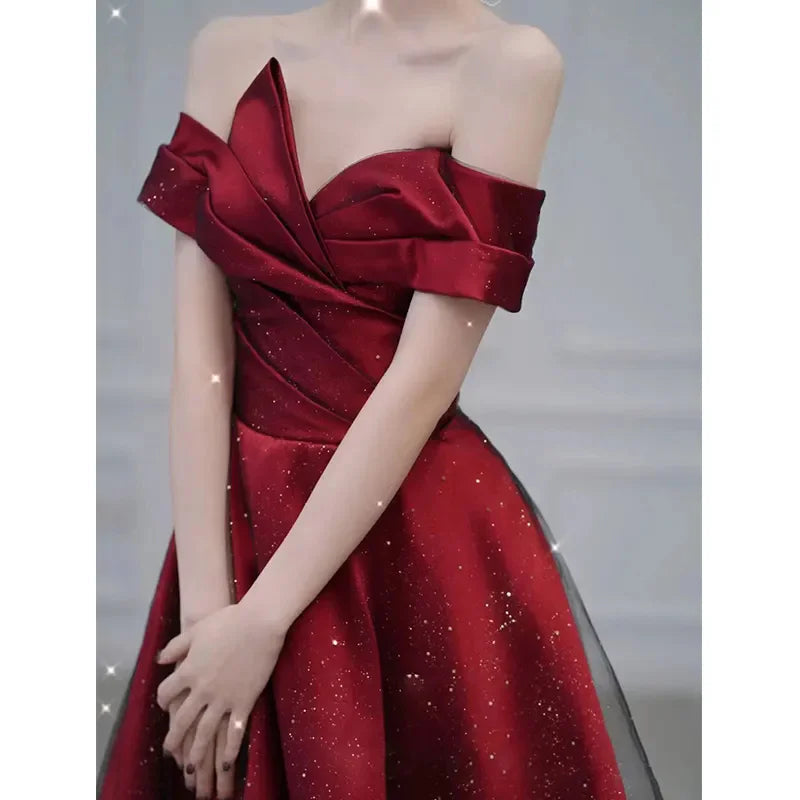 Women Summer Satin Toasting Gown Bride's High-end Feeling, Light Wedding Dress, Red One Shoulder Engagement, Thank-you Banquet Buyfinity
