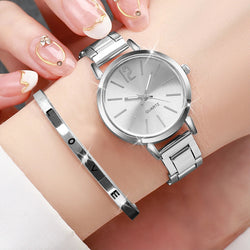 Fashion Women Elagant Watch Casual Simple Steel Strap Quartz Watch Love Bracelet 2PCs Set Temperament Wearing Style Buyfinity