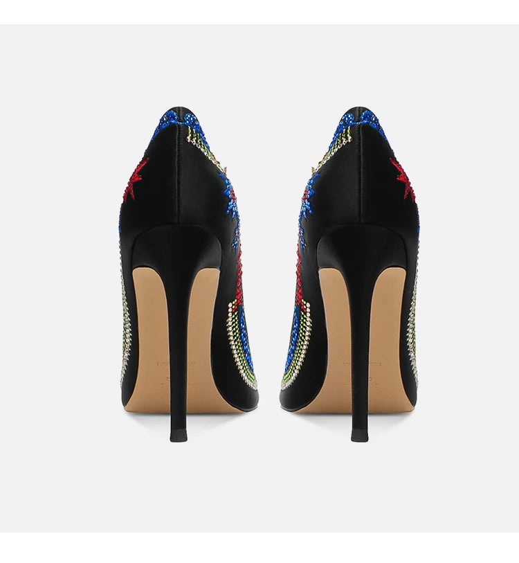 Embroidered high heels, women's new slim heel, niche design, mandarin duck shoes, rhinestone pointed dress, banquet single shoes Buyfinity