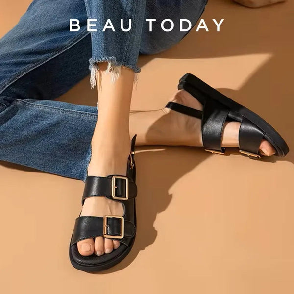 BeauToday Casual Sandals Women Genuine Leather Metal Ankle Buckle Strap Summer Beach Ladies Low Heel Sport Shoes Handmade 38128 Buyfinity