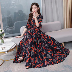 Chiffon beach dress, new temperament, V-neck, short-sleeved, fashion printing, is thin and long Buyfinity