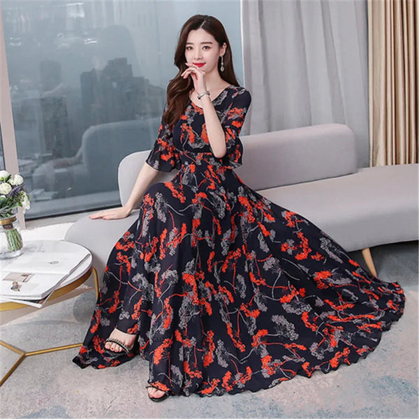 Chiffon beach dress, new temperament, V-neck, short-sleeved, fashion printing, is thin and long Buyfinity