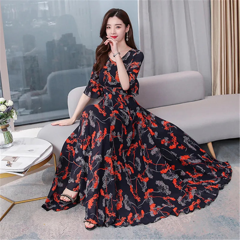 Chiffon beach dress, new temperament, V-neck, short-sleeved, fashion printing, is thin and long Buyfinity