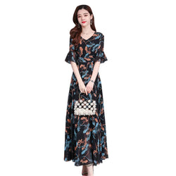 Chiffon beach dress, new temperament, V-neck, short-sleeved, fashion printing, is thin and long Buyfinity