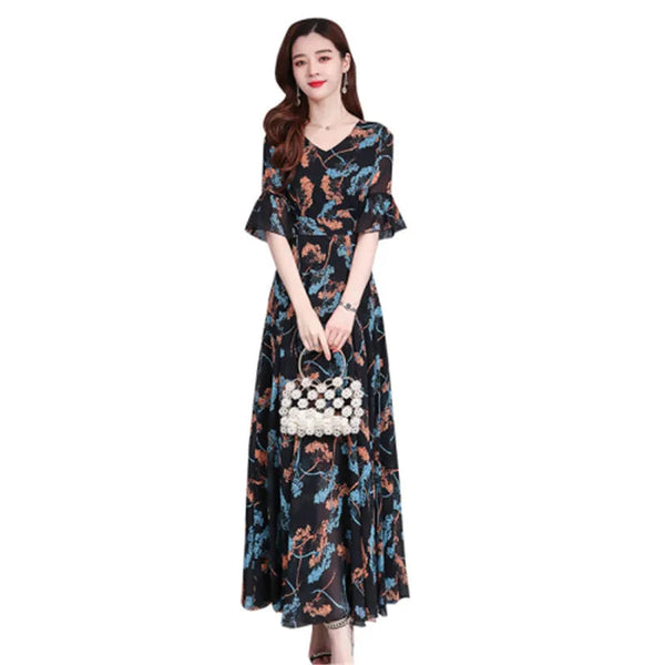 Chiffon beach dress, new temperament, V-neck, short-sleeved, fashion printing, is thin and long Buyfinity