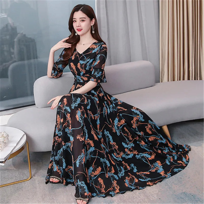 Chiffon beach dress, new temperament, V-neck, short-sleeved, fashion printing, is thin and long Buyfinity