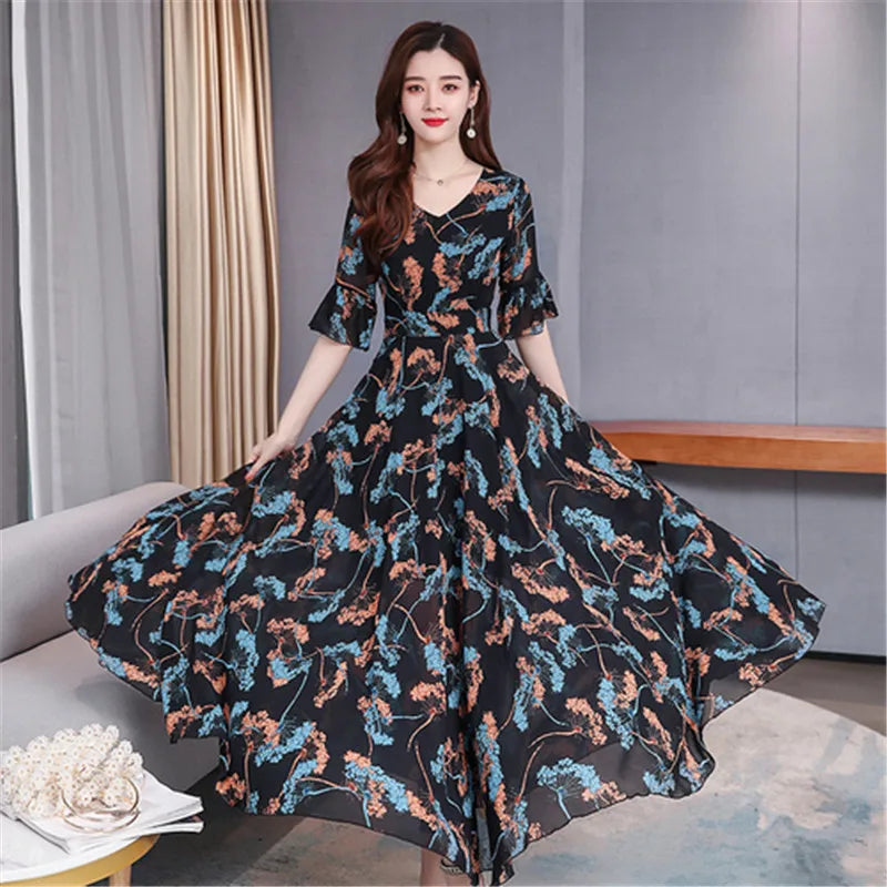 Chiffon beach dress, new temperament, V-neck, short-sleeved, fashion printing, is thin and long Buyfinity