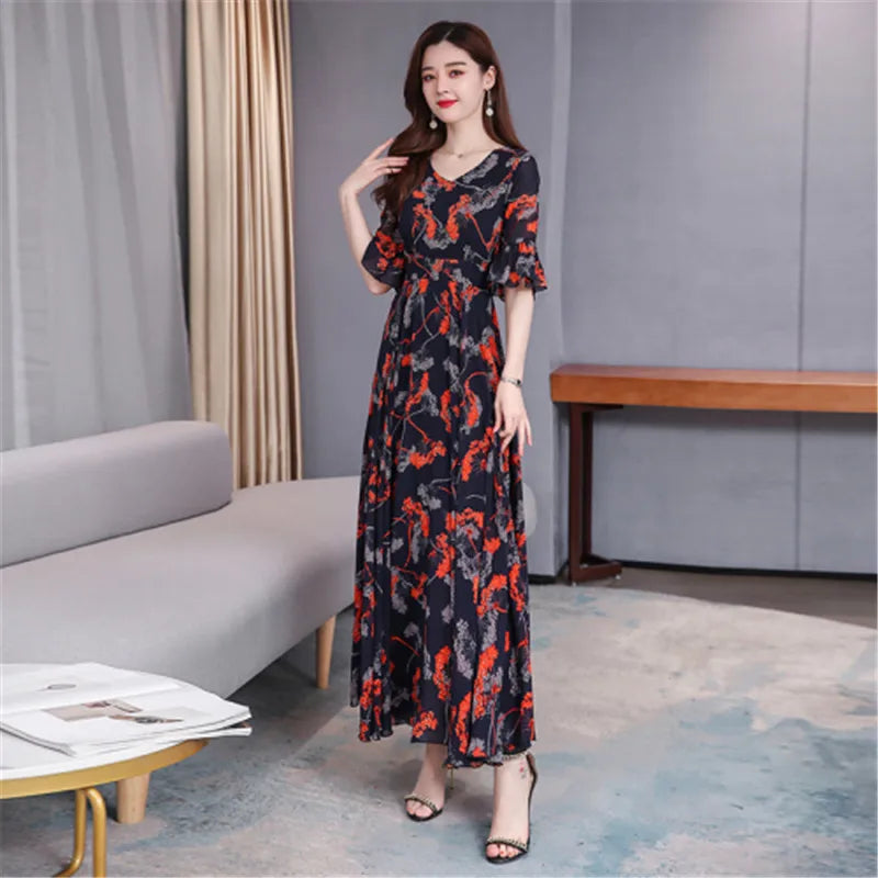 Chiffon beach dress, new temperament, V-neck, short-sleeved, fashion printing, is thin and long Buyfinity