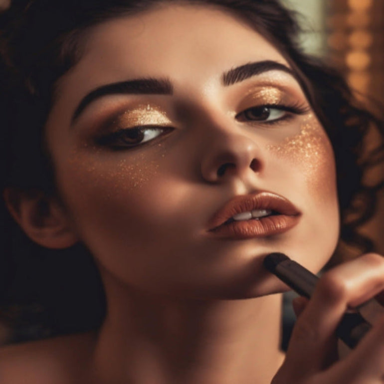 Woman applying makeup with a focus on her face